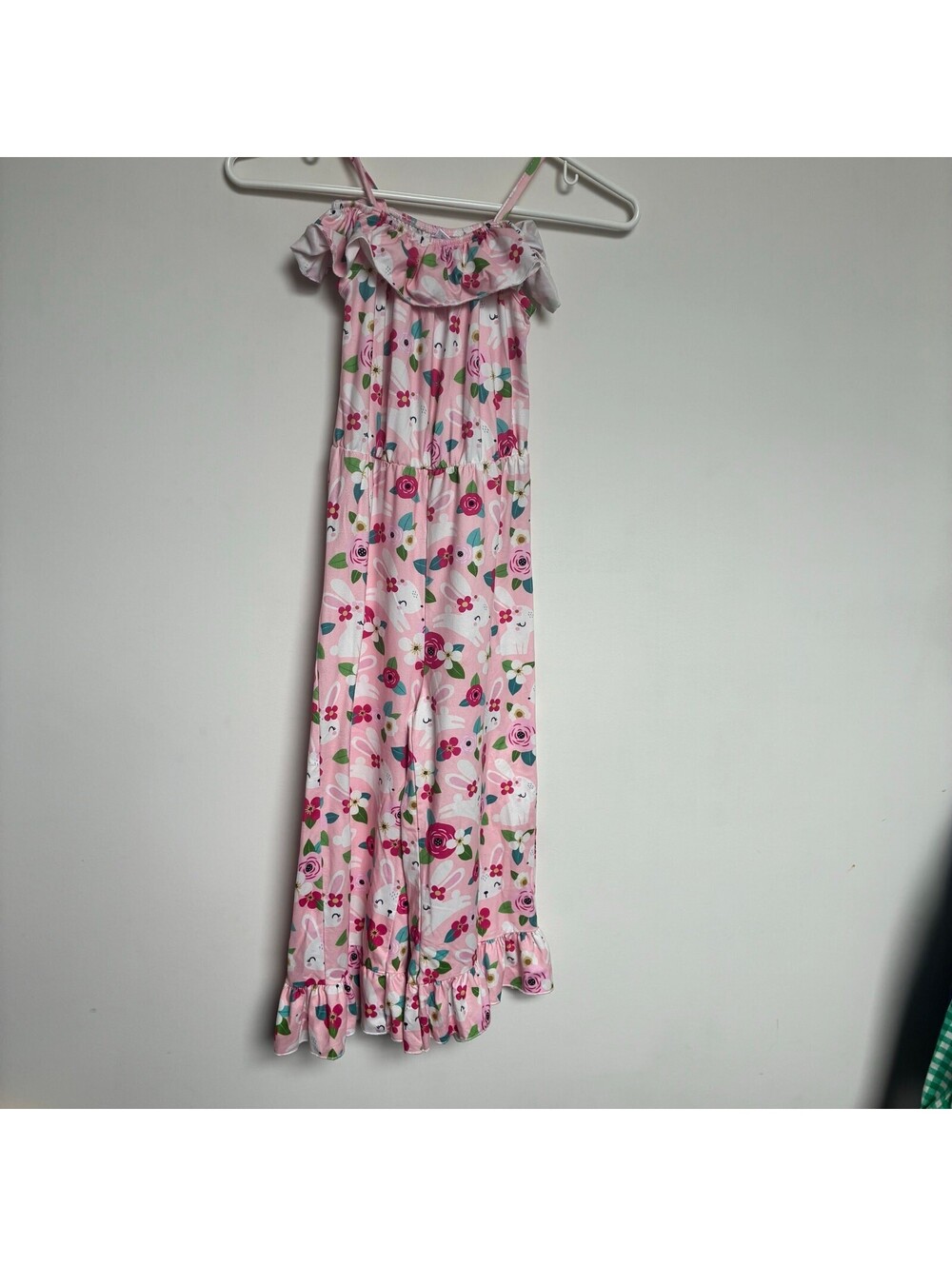 Girls Easter Bunny Floral Jumpsuit Pink Ruffle Strap Size 3XL